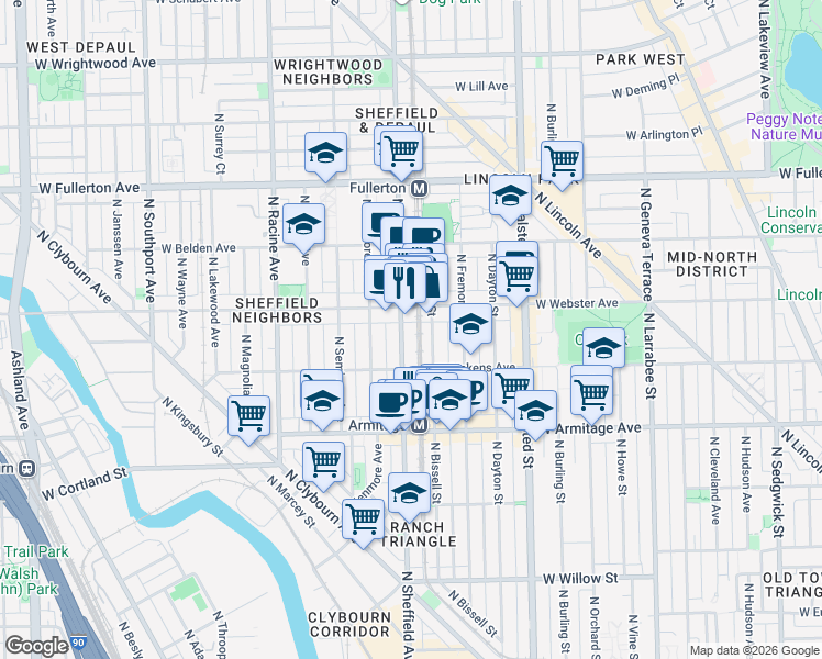 map of restaurants, bars, coffee shops, grocery stores, and more near 2116 North Bissell Street in Chicago