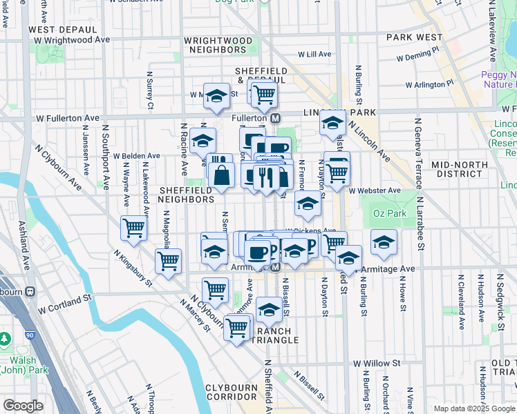 map of restaurants, bars, coffee shops, grocery stores, and more near 2116 North Sheffield Avenue in Chicago