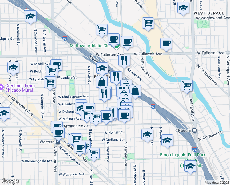 map of restaurants, bars, coffee shops, grocery stores, and more near 2047 West Shakespeare Avenue in Chicago