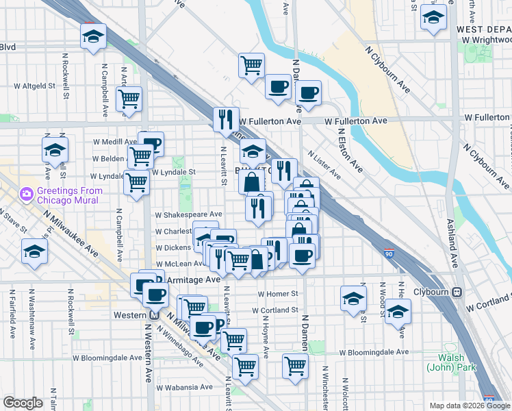 map of restaurants, bars, coffee shops, grocery stores, and more near 2119 West Shakespeare Avenue in Chicago