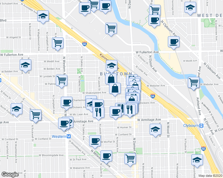 map of restaurants, bars, coffee shops, grocery stores, and more near 2119 West Shakespeare Avenue in Chicago