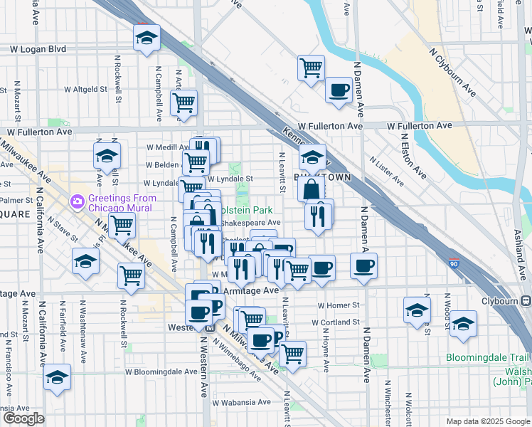 map of restaurants, bars, coffee shops, grocery stores, and more near 2235 West Shakespeare Avenue in Chicago