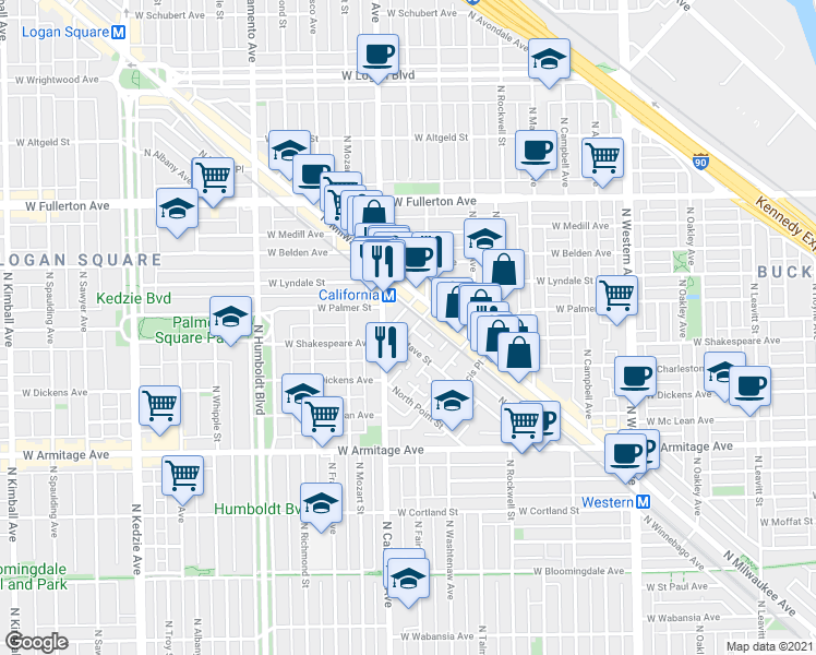 map of restaurants, bars, coffee shops, grocery stores, and more near 2159 North Stave Street in Chicago