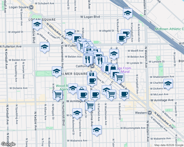 map of restaurants, bars, coffee shops, grocery stores, and more near 2801 West Shakespeare Avenue in Chicago