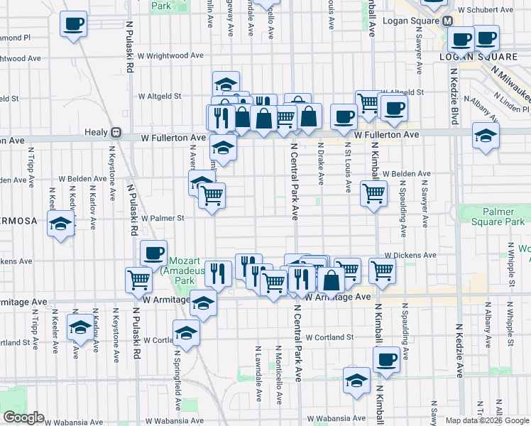 map of restaurants, bars, coffee shops, grocery stores, and more near 3638 West Shakespeare Avenue in Chicago