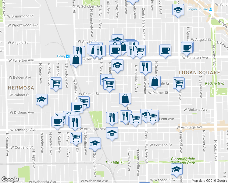 map of restaurants, bars, coffee shops, grocery stores, and more near 3755 West Palmer Street in Chicago