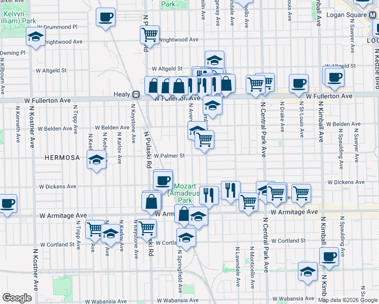 map of restaurants, bars, coffee shops, grocery stores, and more near 2148 North Avers Avenue in Chicago