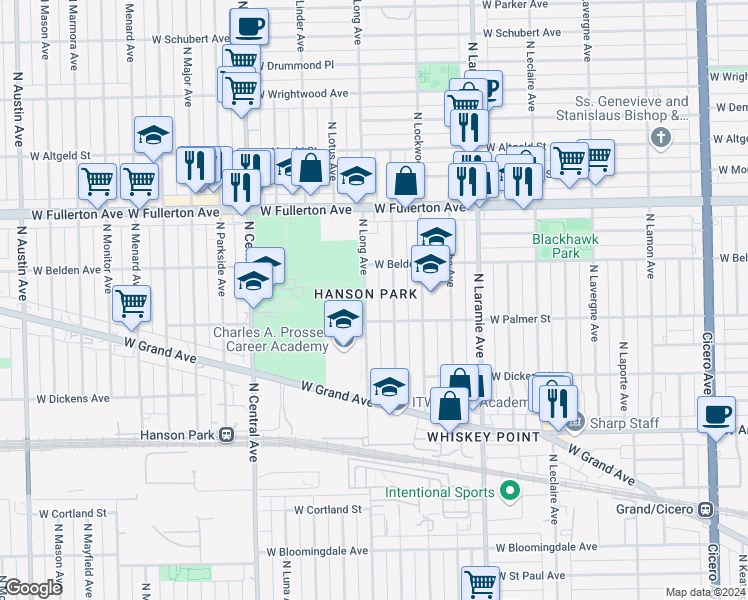 map of restaurants, bars, coffee shops, grocery stores, and more near 2201 North Long Avenue in Chicago