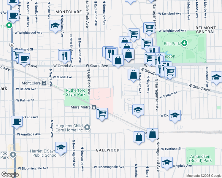 map of restaurants, bars, coffee shops, grocery stores, and more near 6650 West Belden Avenue in Chicago