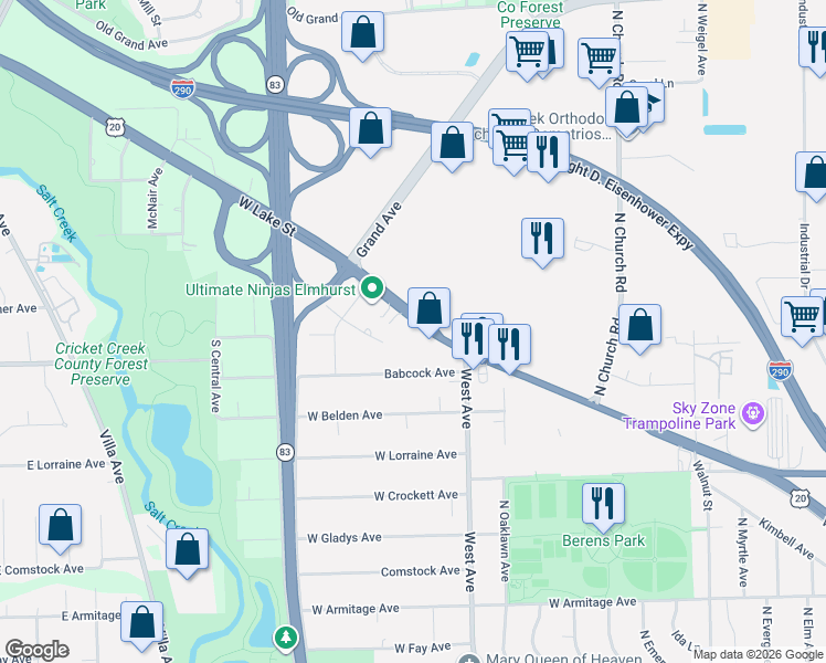 map of restaurants, bars, coffee shops, grocery stores, and more near 561 Babcock Avenue in Elmhurst