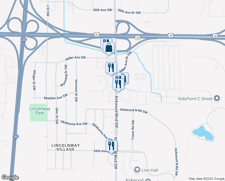 map of restaurants, bars, coffee shops, grocery stores, and more near 5502 Kirkwood Boulevard Southwest in Cedar Rapids