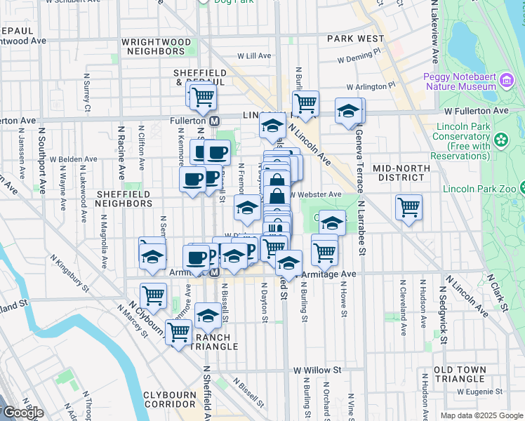 map of restaurants, bars, coffee shops, grocery stores, and more near 2115 North Dayton Street in Chicago