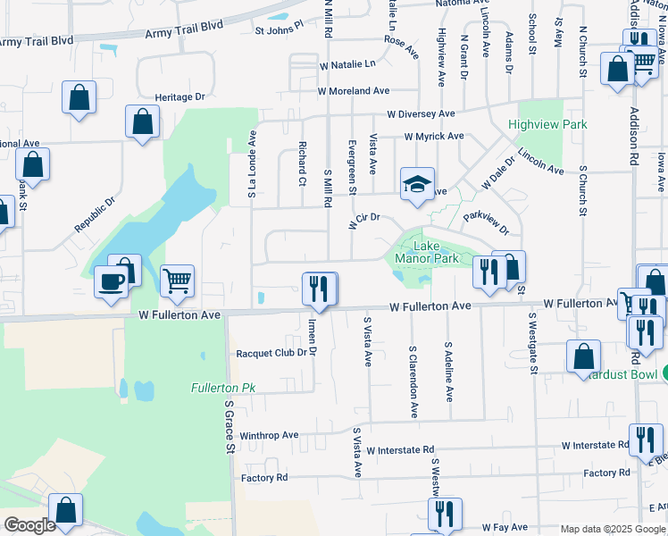 map of restaurants, bars, coffee shops, grocery stores, and more near 572 West Fullerton Avenue in Addison