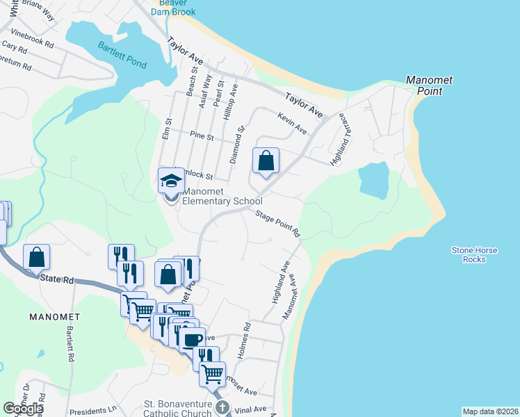 map of restaurants, bars, coffee shops, grocery stores, and more near 101 Manomet Point Road in Plymouth