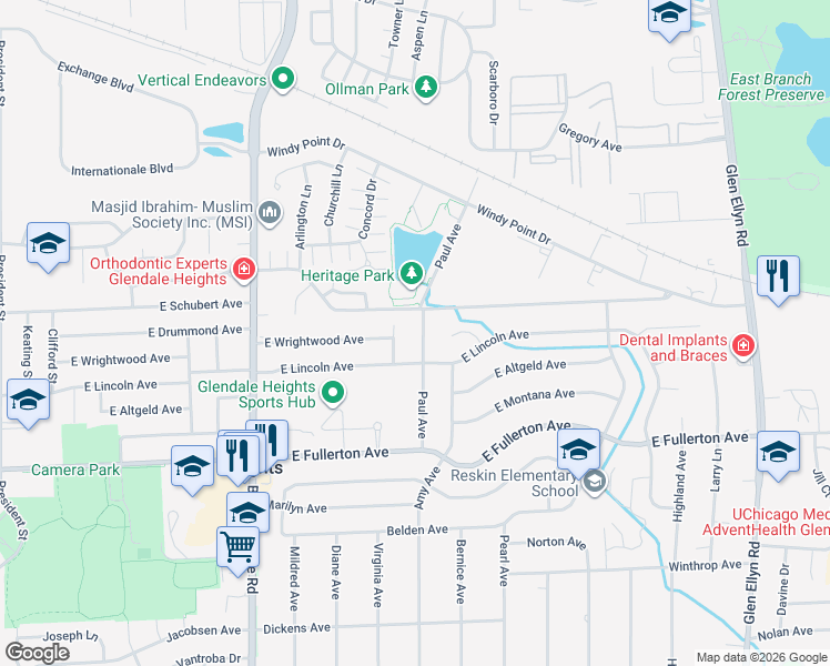 map of restaurants, bars, coffee shops, grocery stores, and more near 318 East Lincoln Avenue in Glendale Heights