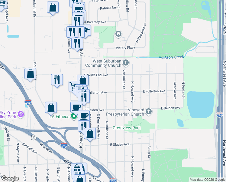map of restaurants, bars, coffee shops, grocery stores, and more near 723 North Willow Road in Elmhurst
