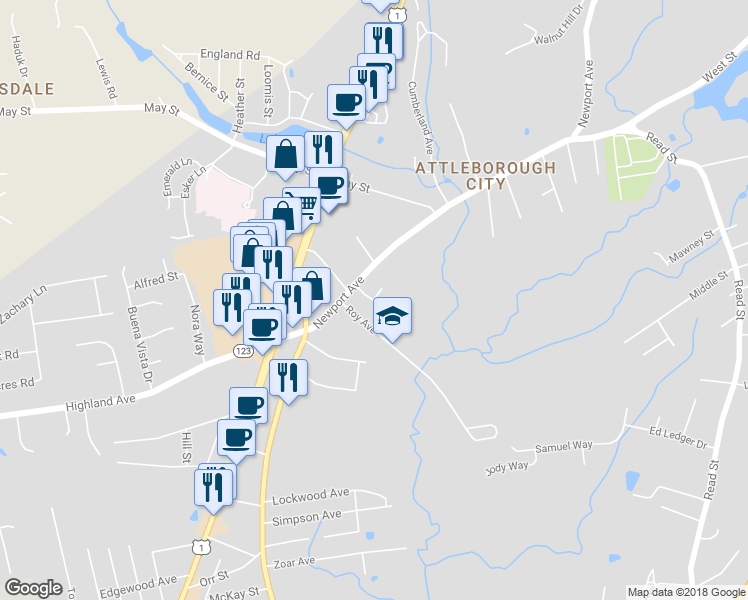 map of restaurants, bars, coffee shops, grocery stores, and more near 8 Fairfield Avenue in Attleboro