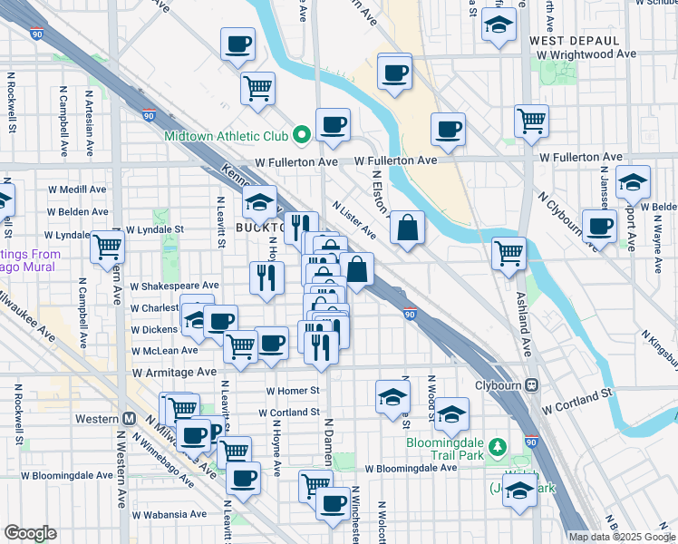 map of restaurants, bars, coffee shops, grocery stores, and more near 2157 N Damen Ave in Chicago