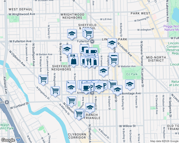 map of restaurants, bars, coffee shops, grocery stores, and more near 2141 North Sheffield Avenue in Chicago