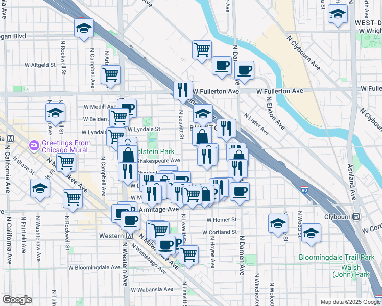 map of restaurants, bars, coffee shops, grocery stores, and more near 2141 West Webster Avenue in Chicago