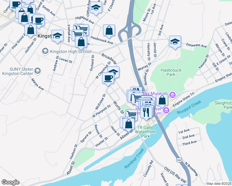 map of restaurants, bars, coffee shops, grocery stores, and more near Adams Street in Kingston