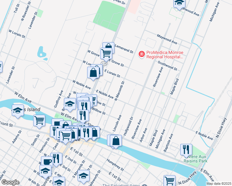 map of restaurants, bars, coffee shops, grocery stores, and more near 231 East Noble Avenue in Monroe