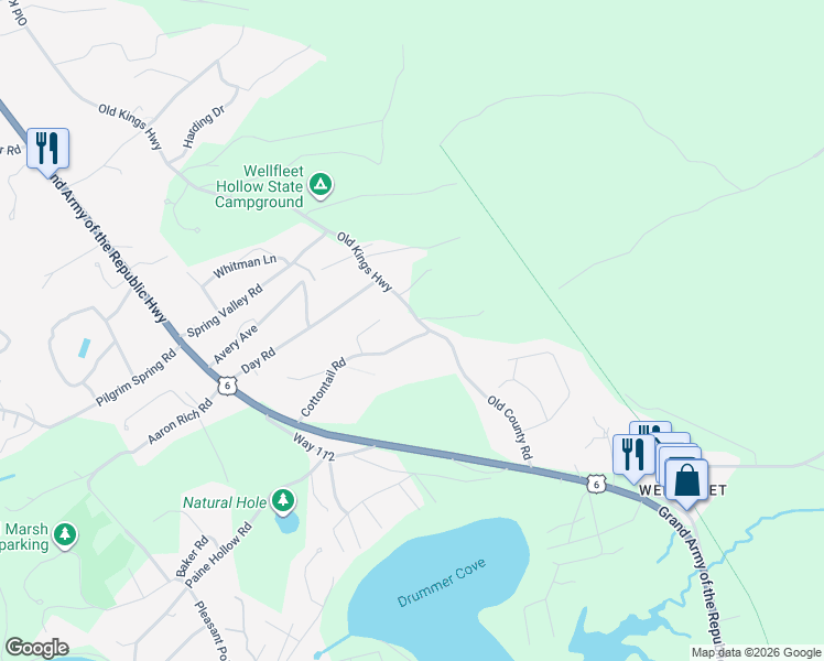 map of restaurants, bars, coffee shops, grocery stores, and more near 150 Cottontail Road in Wellfleet