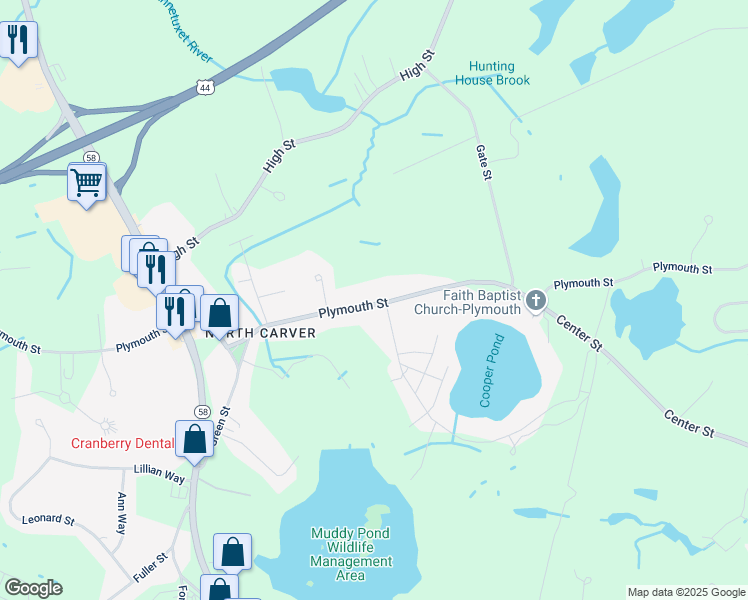 map of restaurants, bars, coffee shops, grocery stores, and more near 145 Plymouth Street in Carver