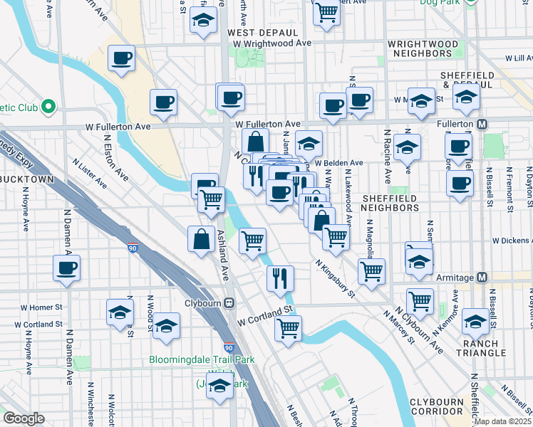 map of restaurants, bars, coffee shops, grocery stores, and more near 1471 West Webster Avenue in Chicago