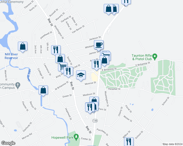 map of restaurants, bars, coffee shops, grocery stores, and more near 9 Pierce Avenue in Taunton