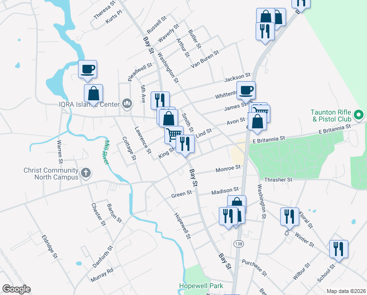 map of restaurants, bars, coffee shops, grocery stores, and more near 8R King Street in Taunton