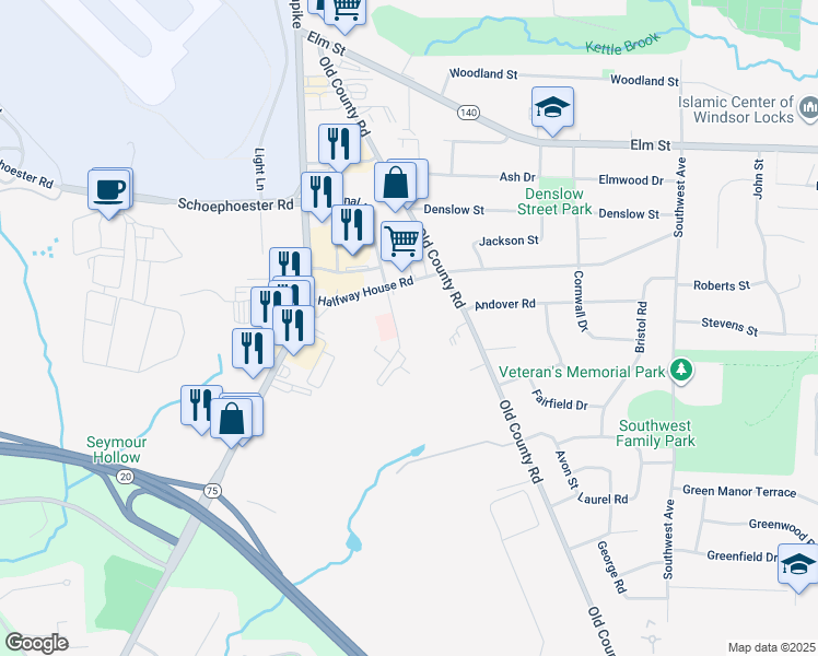 map of restaurants, bars, coffee shops, grocery stores, and more near 3 Concorde Way in Windsor Locks