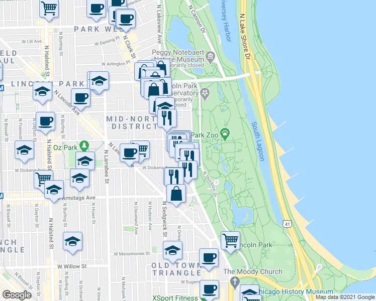 map of restaurants, bars, coffee shops, grocery stores, and more near in Chicago