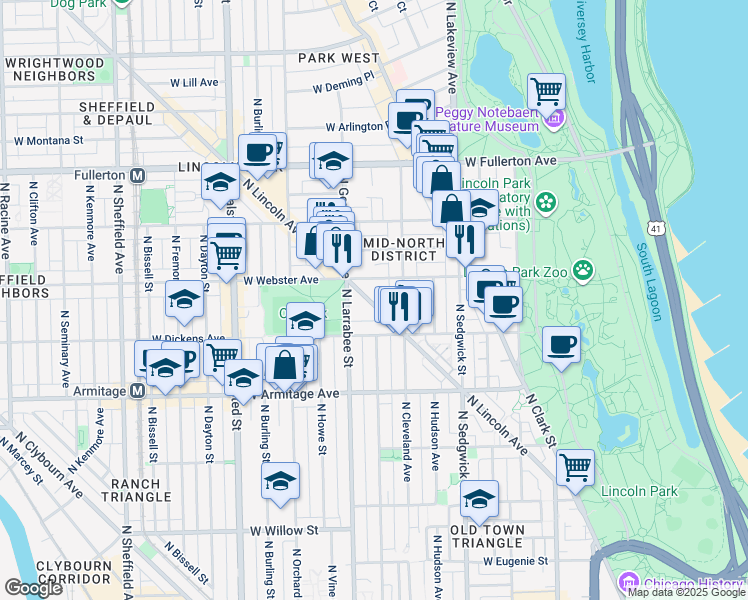 map of restaurants, bars, coffee shops, grocery stores, and more near 2114 North Lincoln Avenue in Chicago