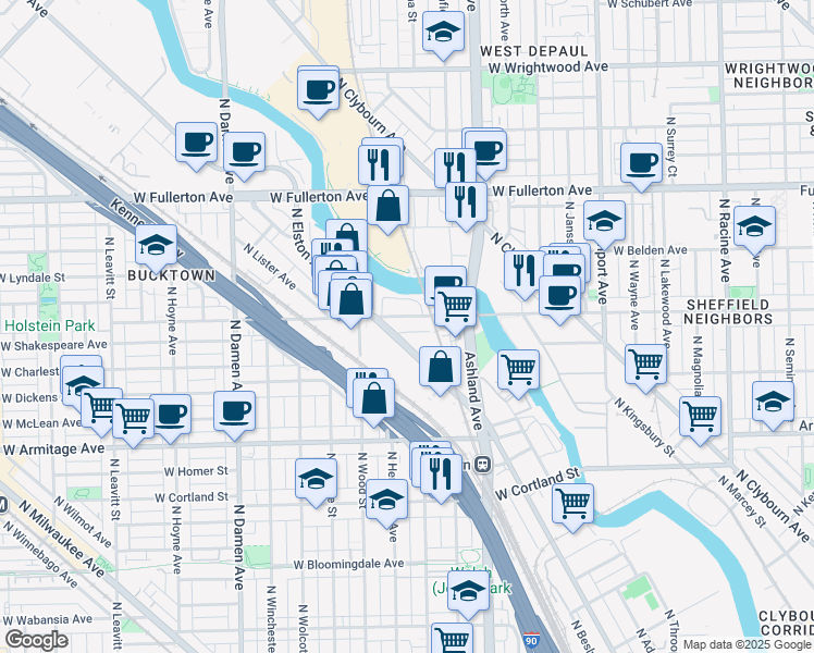 map of restaurants, bars, coffee shops, grocery stores, and more near 2123 North Elston Avenue in Chicago