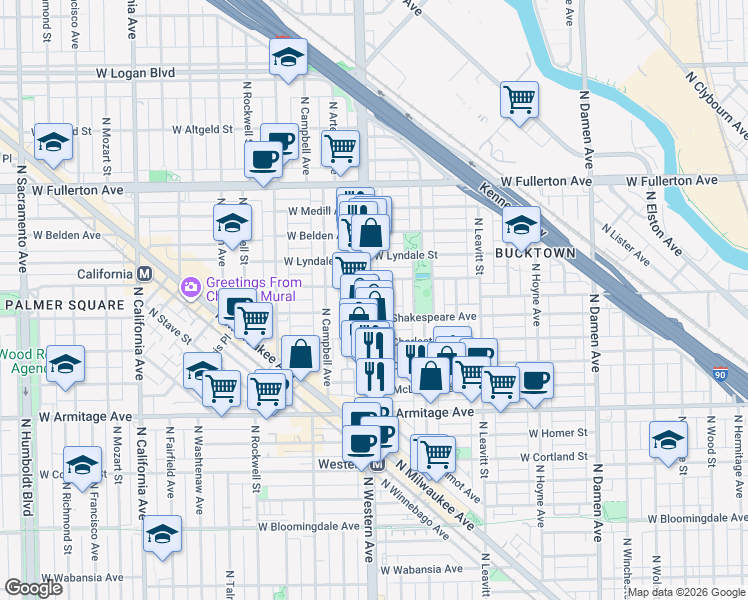 map of restaurants, bars, coffee shops, grocery stores, and more near 2121 North Western Avenue in Chicago