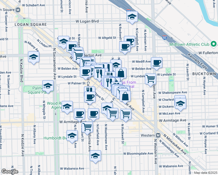 map of restaurants, bars, coffee shops, grocery stores, and more near 2612 West Attrill Street in Chicago