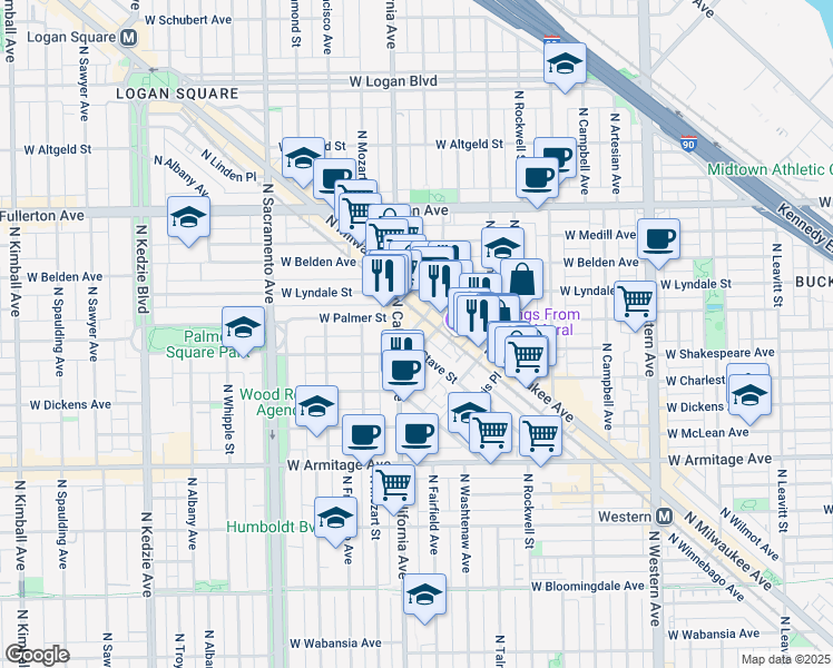 map of restaurants, bars, coffee shops, grocery stores, and more near 2159 North Stave Street in Chicago