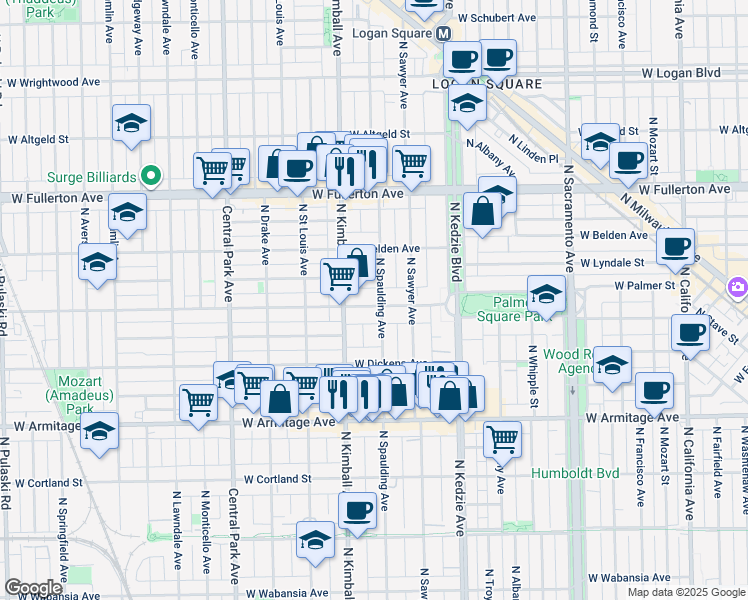 map of restaurants, bars, coffee shops, grocery stores, and more near 2150 North Spaulding Avenue in Chicago