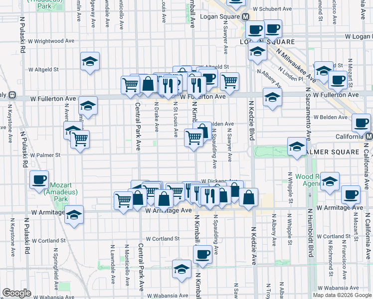 map of restaurants, bars, coffee shops, grocery stores, and more near 3410 West Shakespeare Avenue in Chicago
