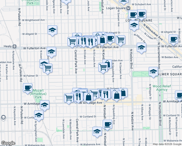 map of restaurants, bars, coffee shops, grocery stores, and more near 3508 West Shakespeare Avenue in Chicago