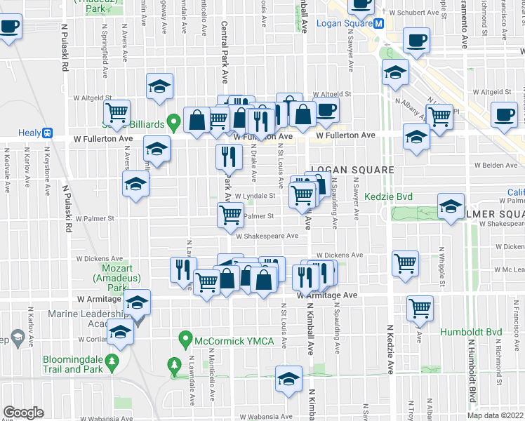 map of restaurants, bars, coffee shops, grocery stores, and more near in Chicago