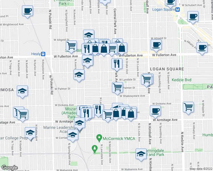 map of restaurants, bars, coffee shops, grocery stores, and more near 3638 West Shakespeare Avenue in Chicago