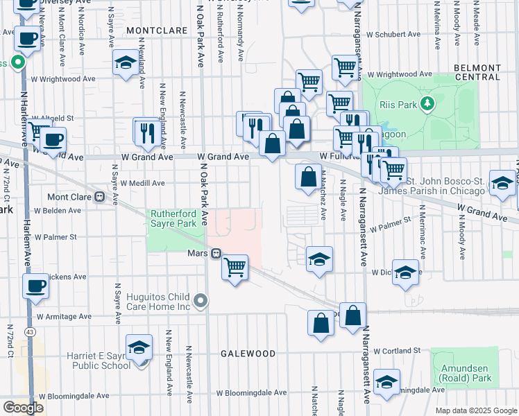 map of restaurants, bars, coffee shops, grocery stores, and more near 6650 West Belden Avenue in Chicago