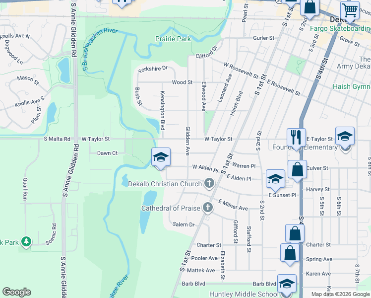 map of restaurants, bars, coffee shops, grocery stores, and more near 410 Gayle Avenue in DeKalb