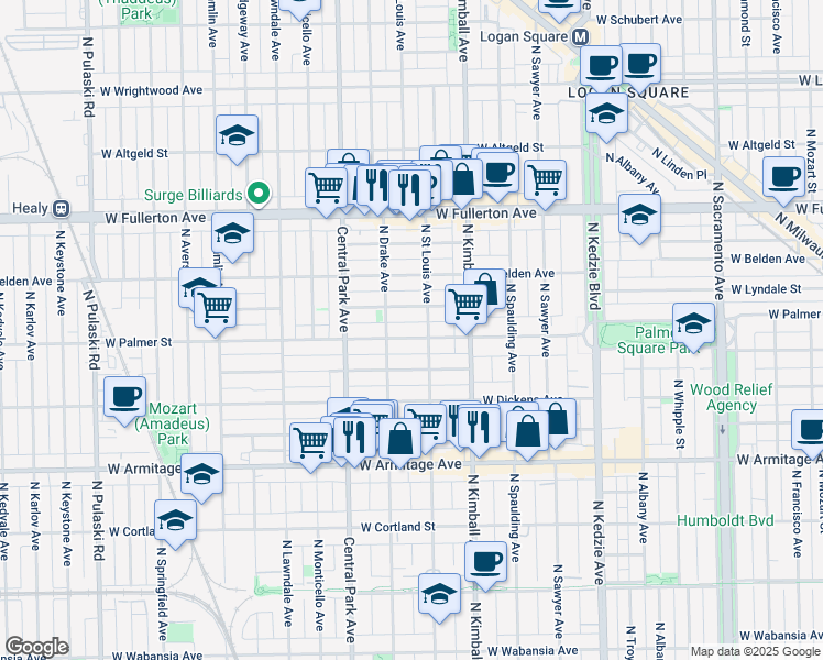 map of restaurants, bars, coffee shops, grocery stores, and more near 3508 West Shakespeare Avenue in Chicago