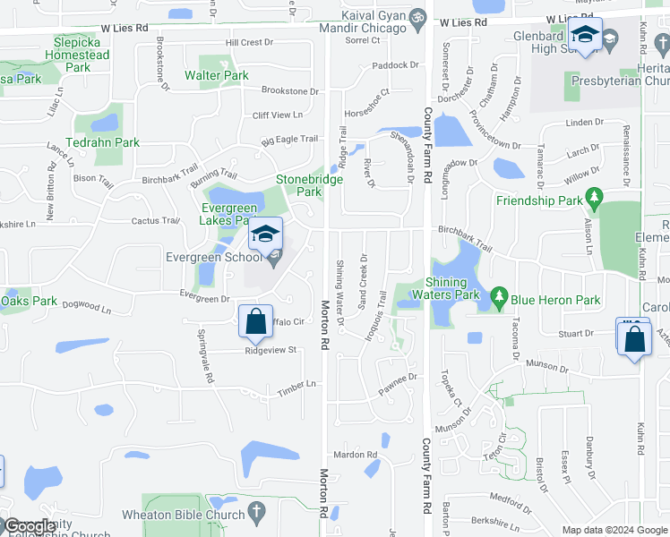 map of restaurants, bars, coffee shops, grocery stores, and more near 716 Shining Water Drive in Carol Stream