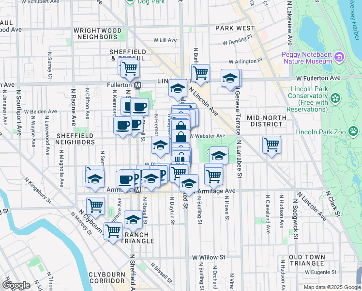 map of restaurants, bars, coffee shops, grocery stores, and more near 2140 North Halsted Street in Chicago