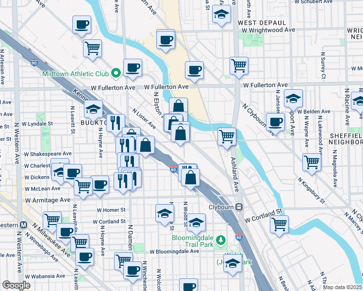 map of restaurants, bars, coffee shops, grocery stores, and more near 2061 North Honore Street in Chicago