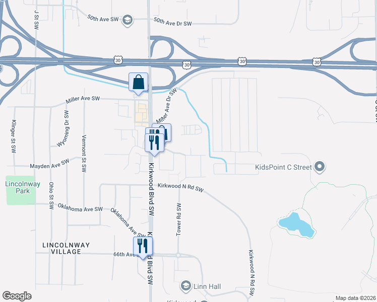 map of restaurants, bars, coffee shops, grocery stores, and more near 230 Kirkwood Court Southwest in Cedar Rapids